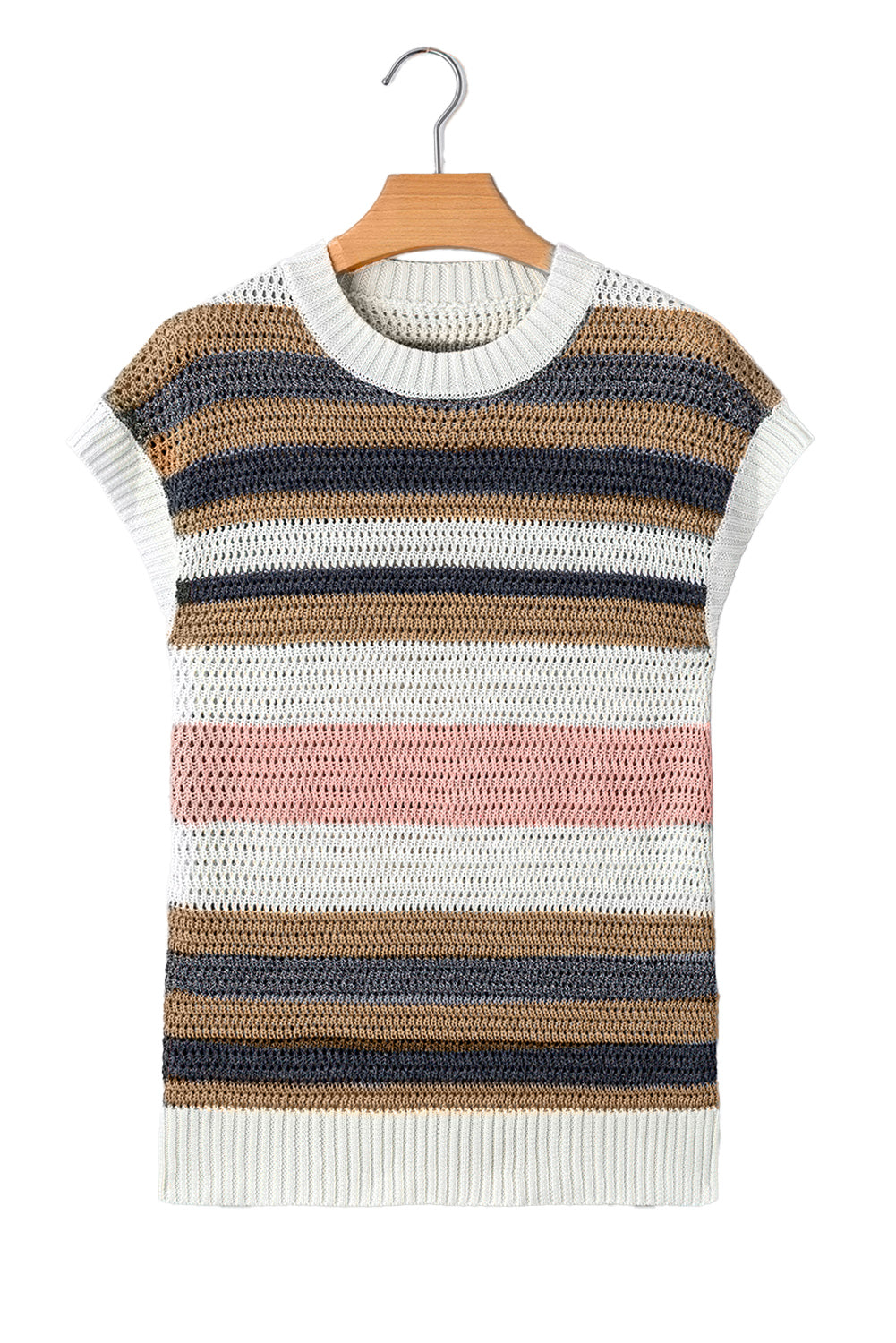Pink Stripe Color Block Eyelet Knit Short Sleeve Sweater Tee