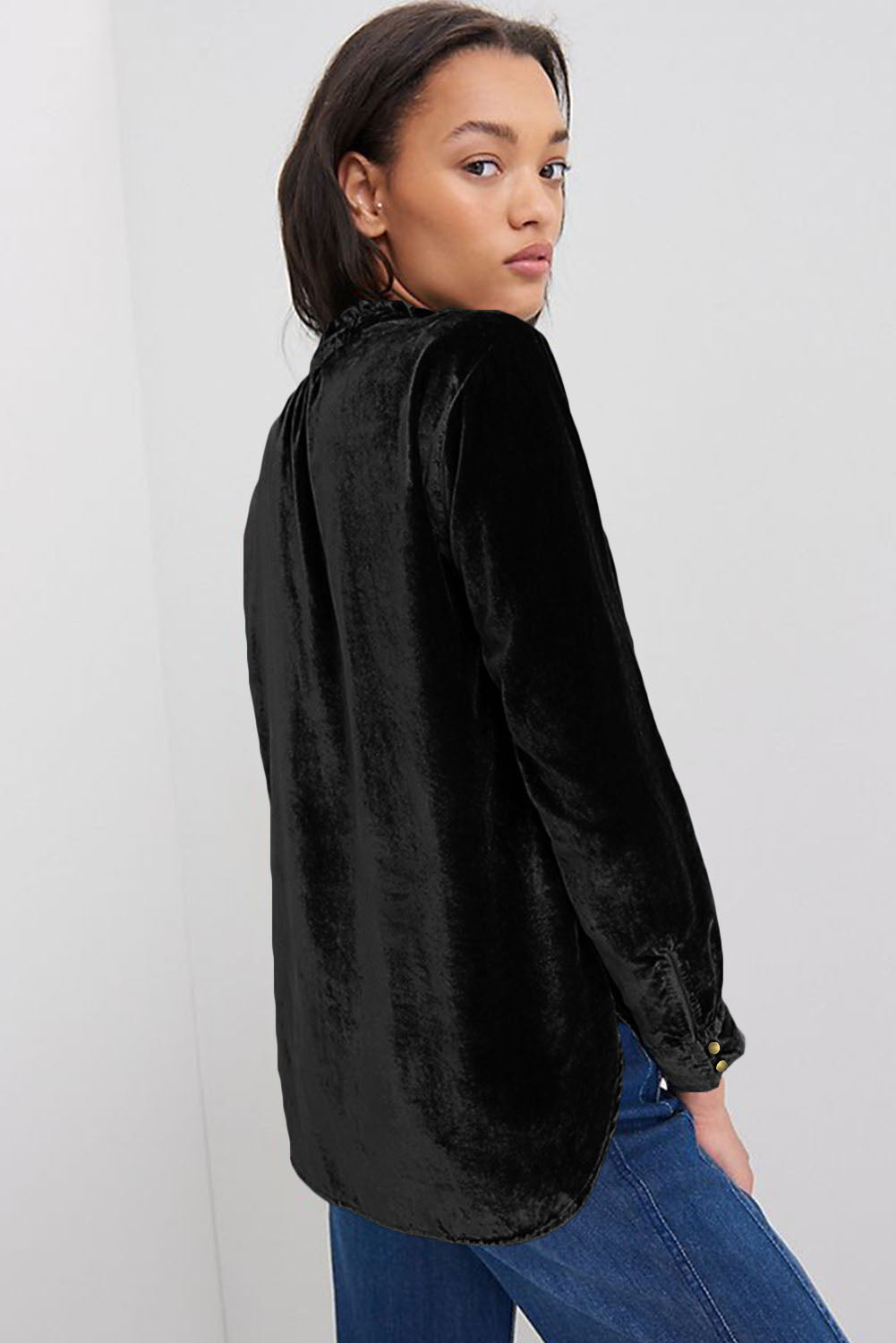 Black Frilled Neck Buttoned Front Velvet Top - Kustom Kreations Goods