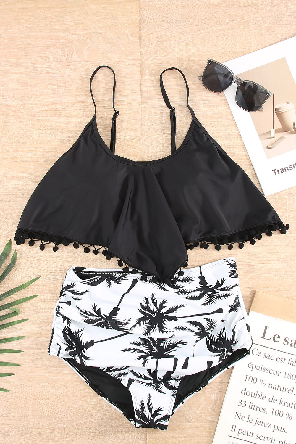 Black & White Tropical Print Tassel High Waist Swimsuit