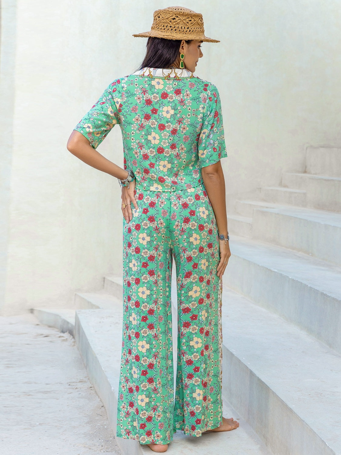 Printed Half Sleeve Top and Wide Leg Pants Set