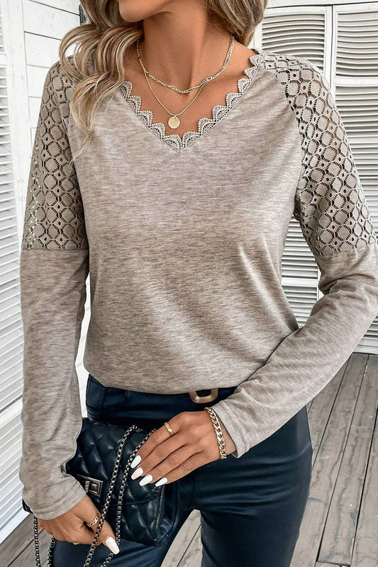 Simply Taupe Lace Crochet Scalloped V Neck Long Sleeve Blouse