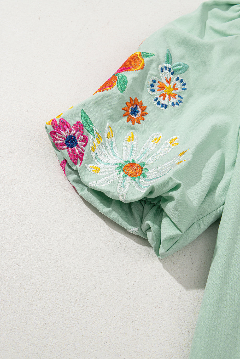 Beau Blue Floral Embroidered Puff Sleeve Split Neck Blouse - Kustom Kreations Goods