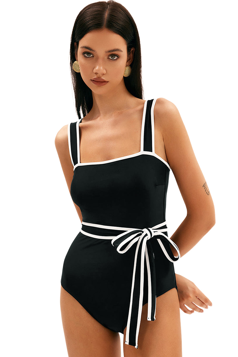 Black Contrast Edge Belted One Piece Swimsuit - Kustom Kreations Goods