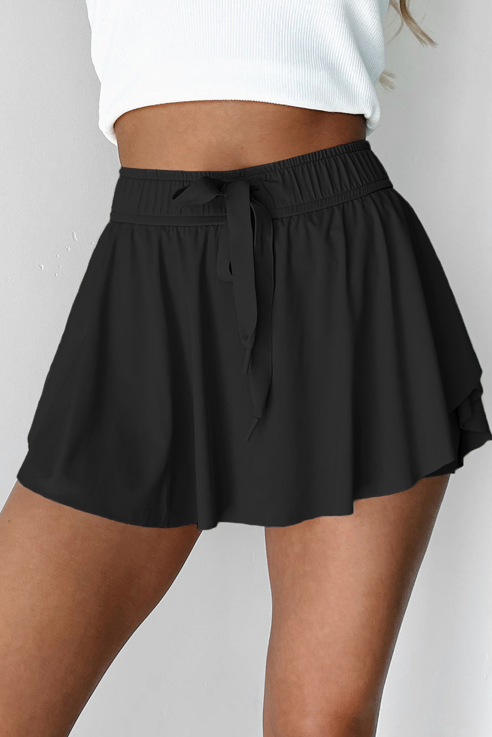 Black Drawstring High Waist Lined Tennis Skort - Kustom Kreations Goods
