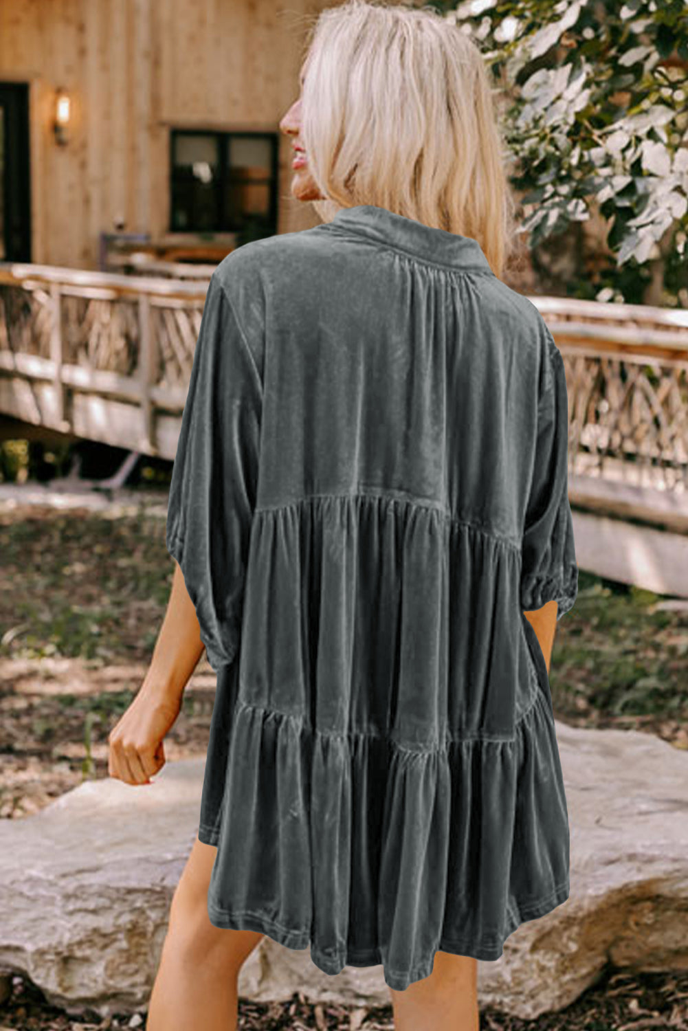 Dark Grey Lantern Sleeve Tunic Babydoll Velvet Shirt