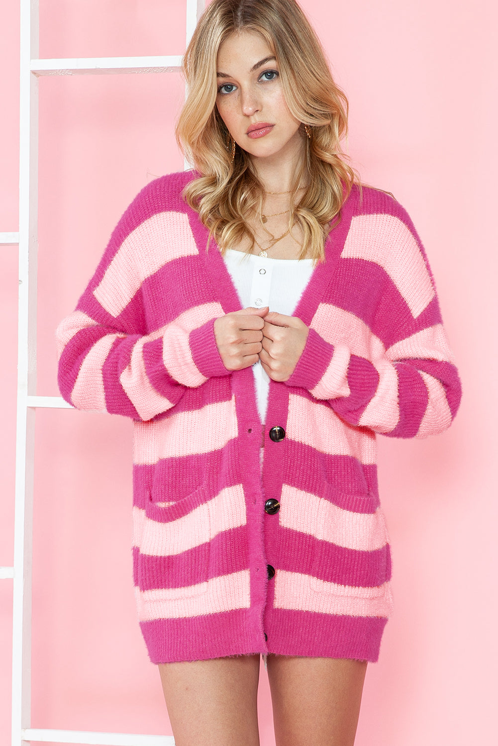 Strawberry Pink Colorblock Striped Buttoned Fuzzy Cardigan Sweater –  KesleyBoutique