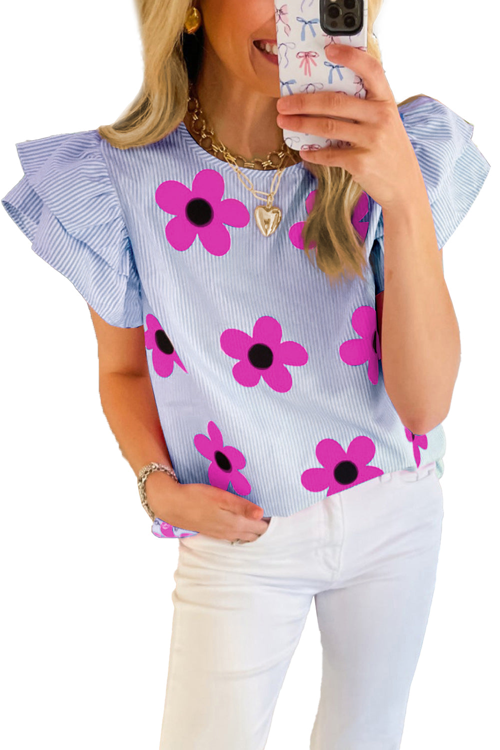 Sky Blue Stripe Floral Print Ruffled Flutter Sleeve Blouse