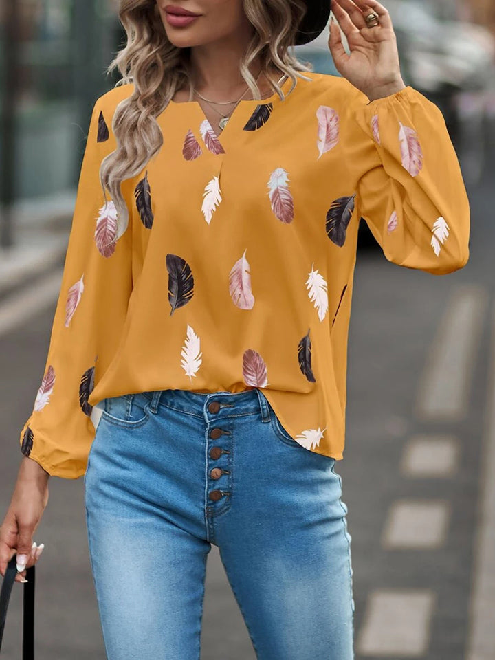 Printed Notched Neck Long Sleeve Blouse