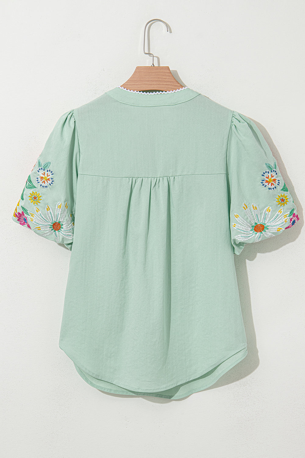 Beau Blue Floral Embroidered Puff Sleeve Split Neck Blouse - Kustom Kreations Goods