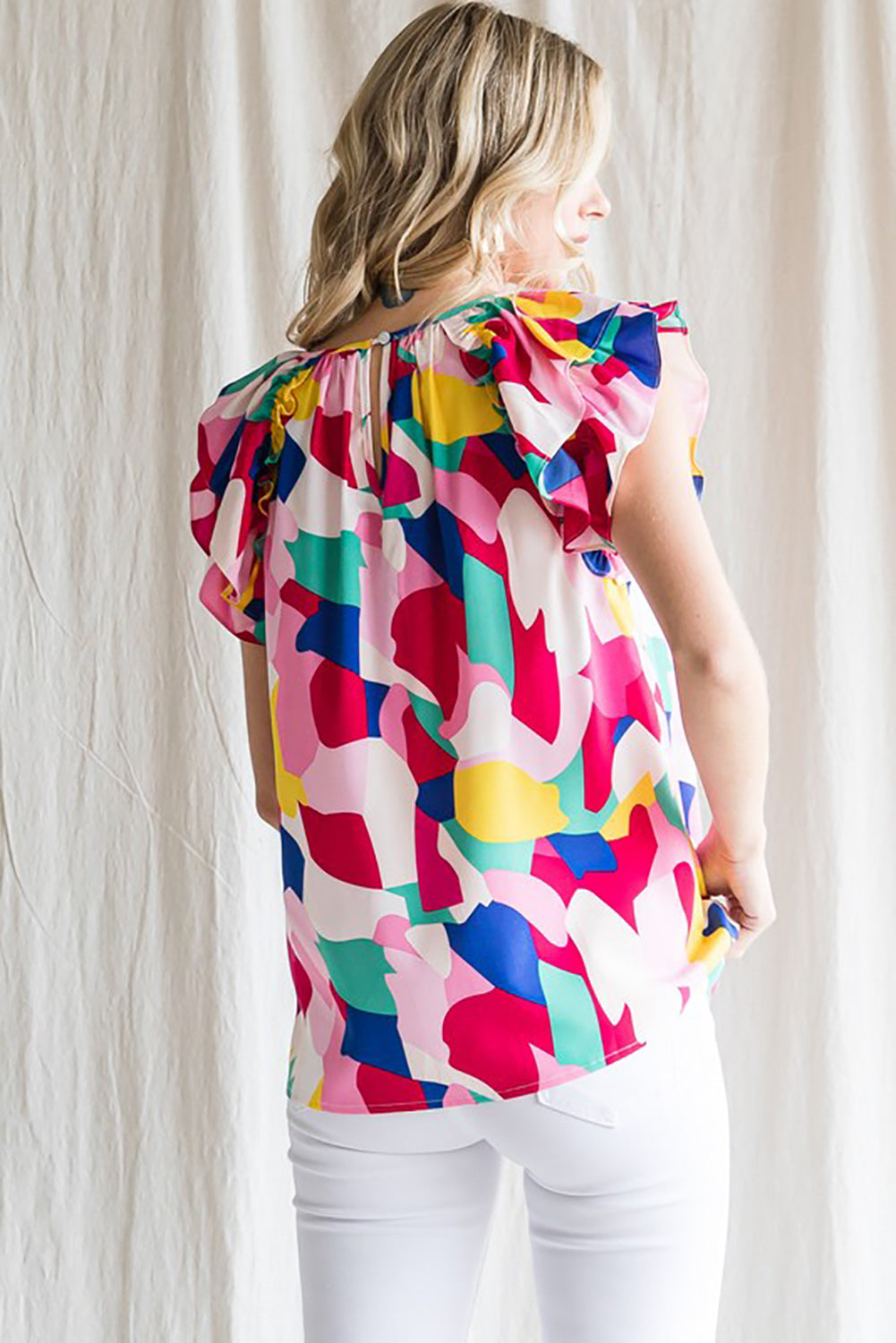 Multicolor Abstract Pattern Ruffle Sleeve Blouse