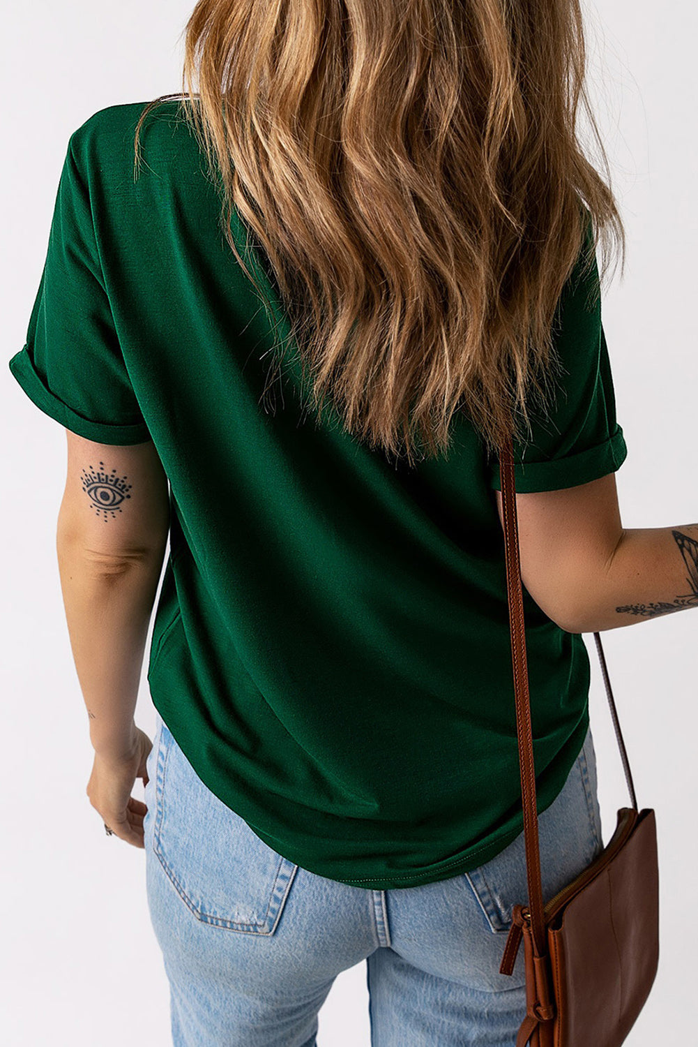 Green Plain Solid Color Crew Neck Tee