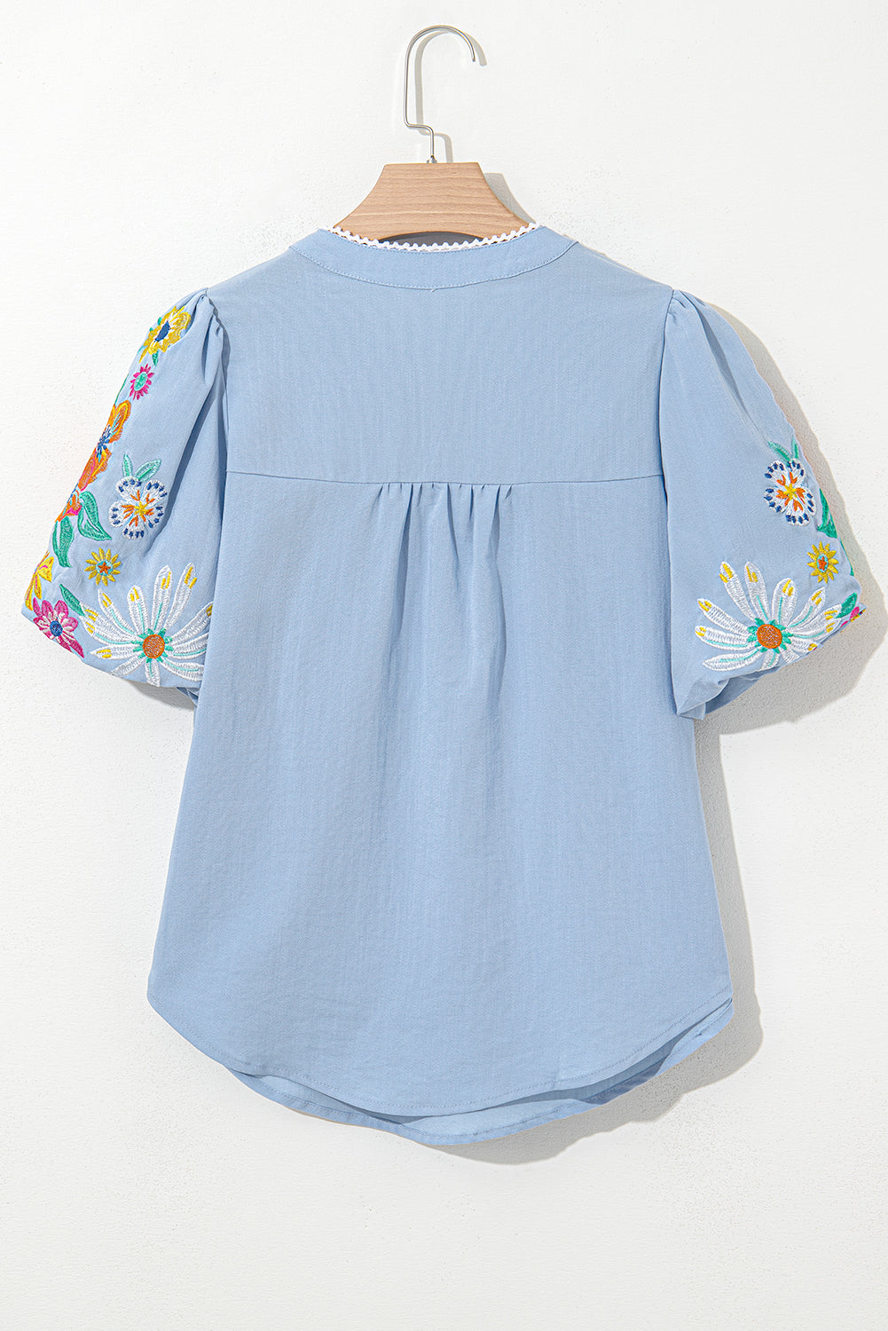 Beau Blue Floral Embroidered Puff Sleeve Split Neck Blouse - Kustom Kreations Goods