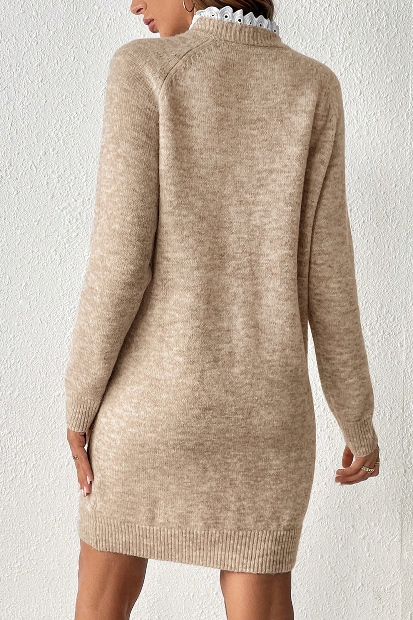 Parchment Button Lace Detail Raglan Sleeve Shift Mini Sweater Dress - Kustom Kreations Goods