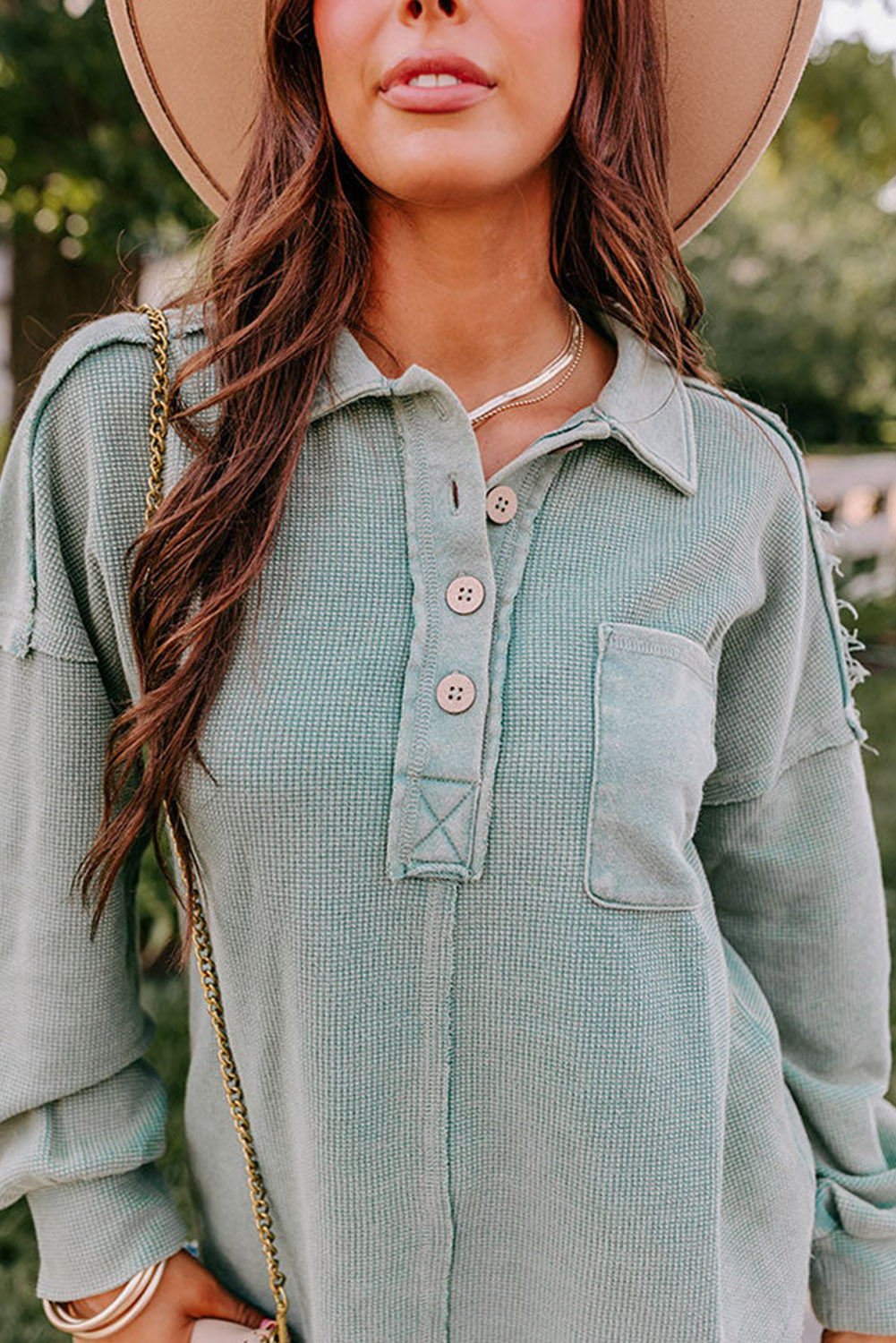 Laurel Green Waffle Exposed Seam Washed Henley Sweatshirt