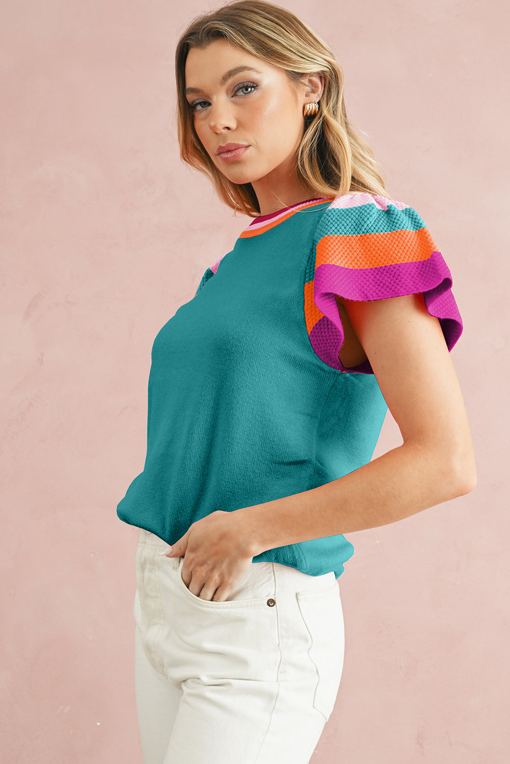 Turquoise Contrast Sleeve Striped Round Neck Knitted Tee
