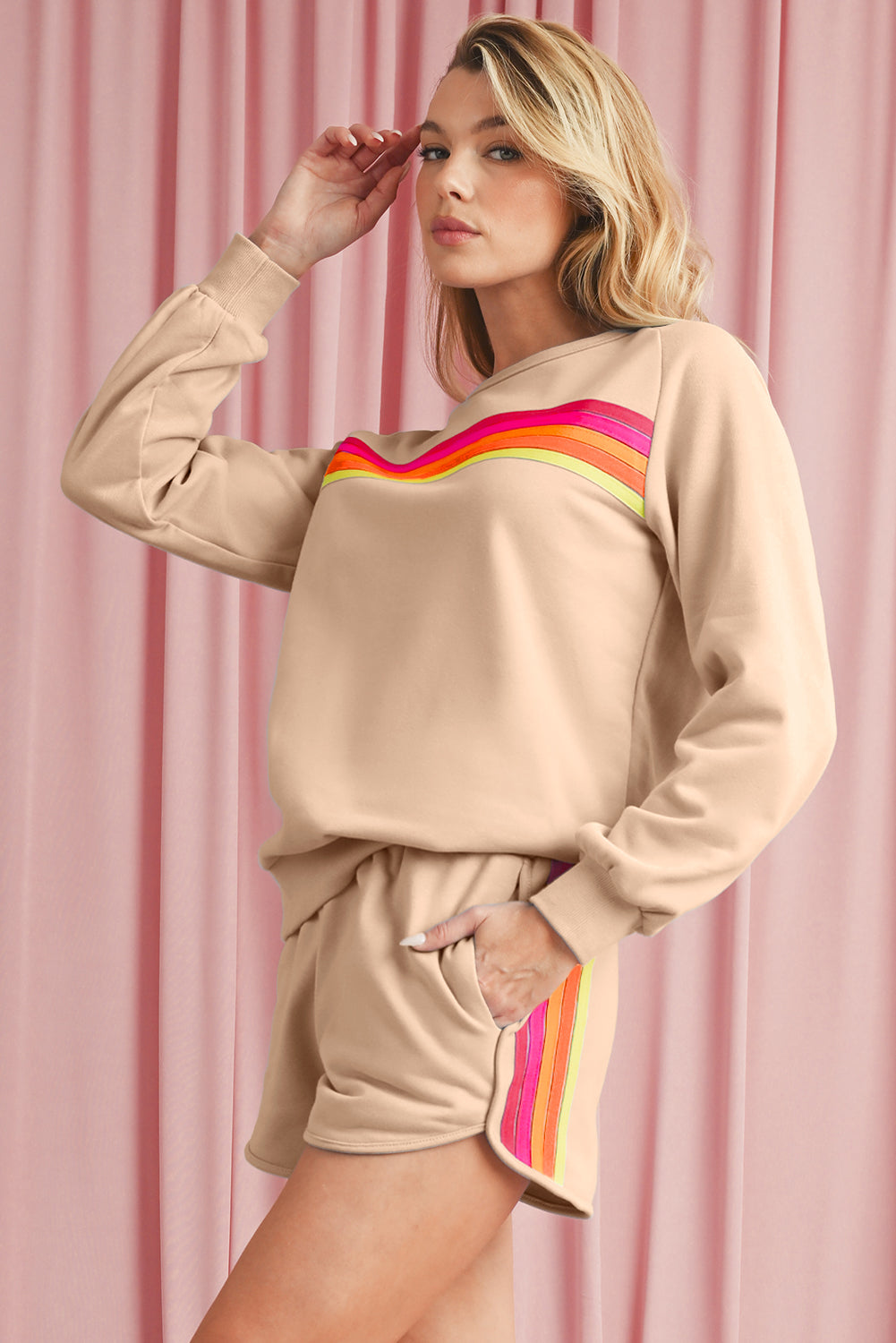 Black Colorful Striped Long Sleeve Pullover and Shorts Set - Kustom Kreations Goods