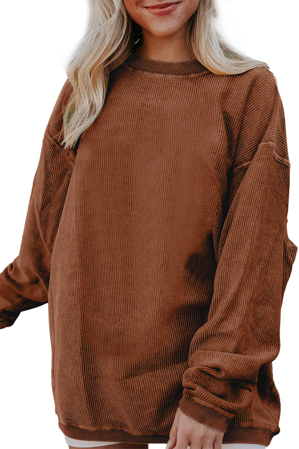 Orange Plain Drop Sleeve Rib-Knit Oversized Sweatshirt