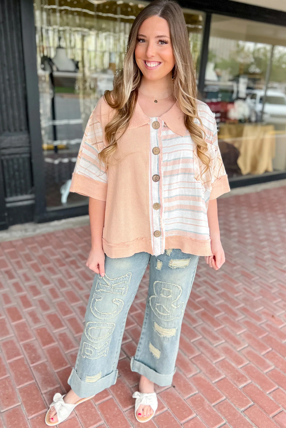Orange Casual Stripe Half Sleeve Button Shirtcolla Blouse