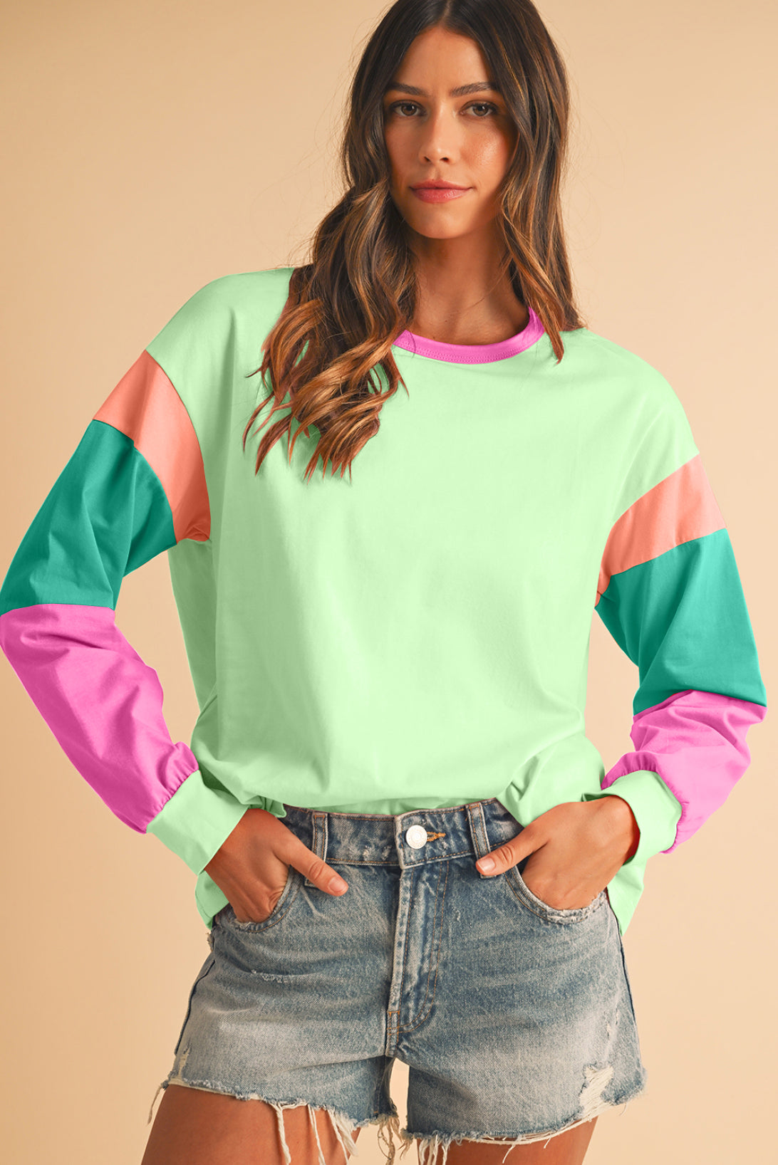 Green Color Block Sleeve Loose Fit Top