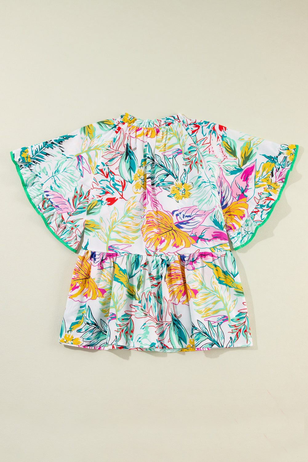White Tropical Plant Print Tie Neck Ruffle Blouse