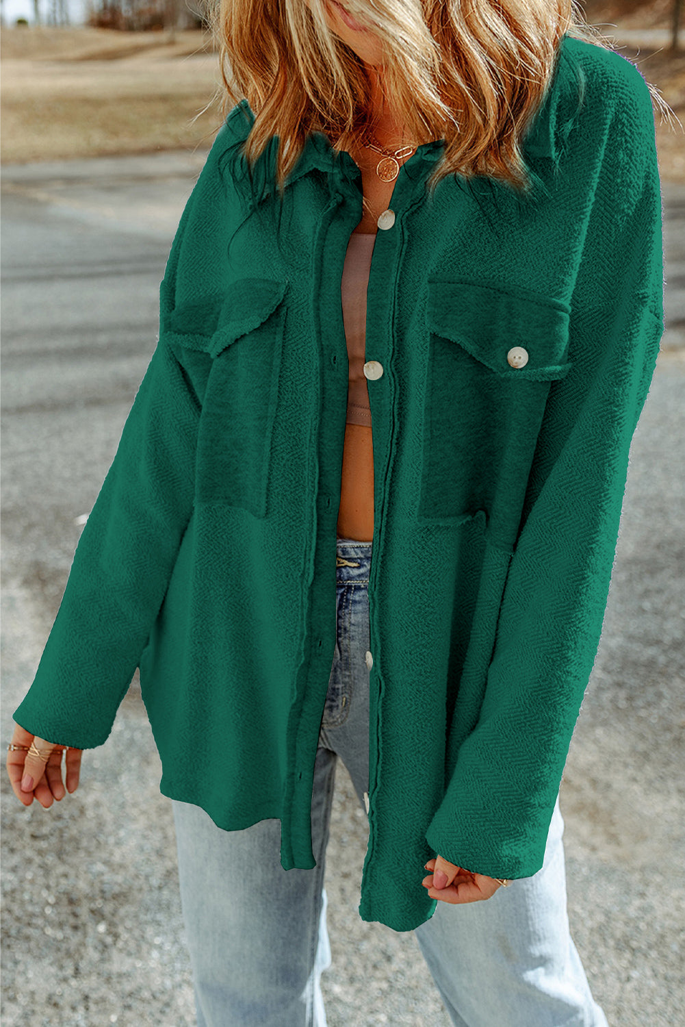 Green Textured Button Up Shirt Jacket with Flap Pockets