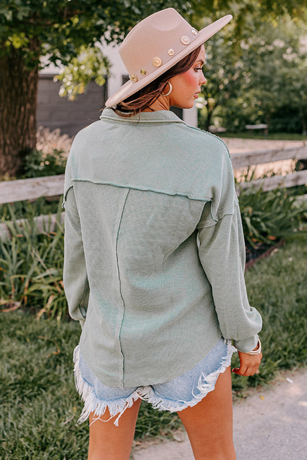 Laurel Green Waffle Exposed Seam Washed Henley Sweatshirt