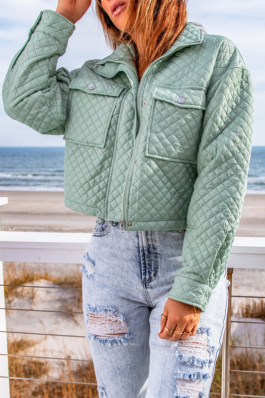 Green Quilted Pocketed Zip Up Cropped Jacket