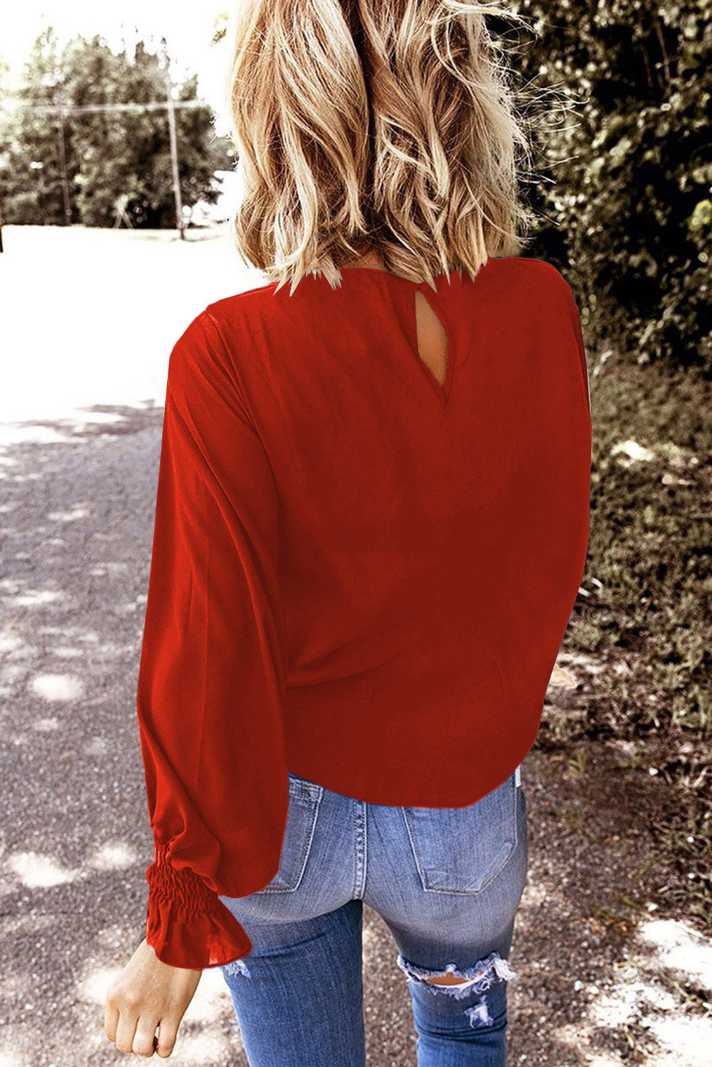 Red Solid Color Pullover Smocked Cuffs Long Sleeve Blouse