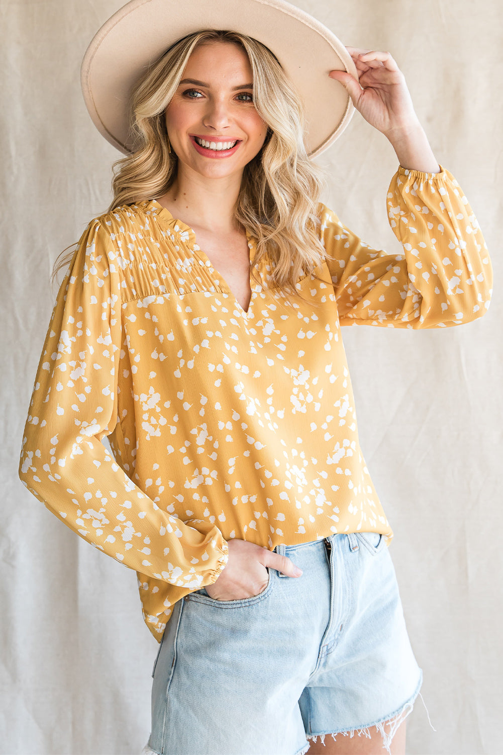 Yellow Frill Split V Neck Boho Crinkled Blouse