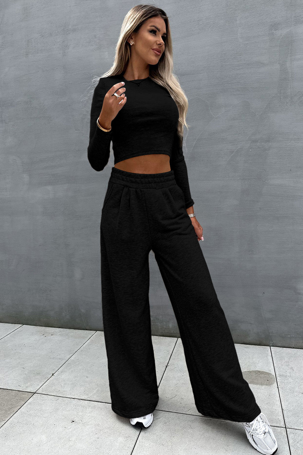 Black Long Sleeve Crop Top And Wide Leg Pants Set - Kustom Kreations Goods