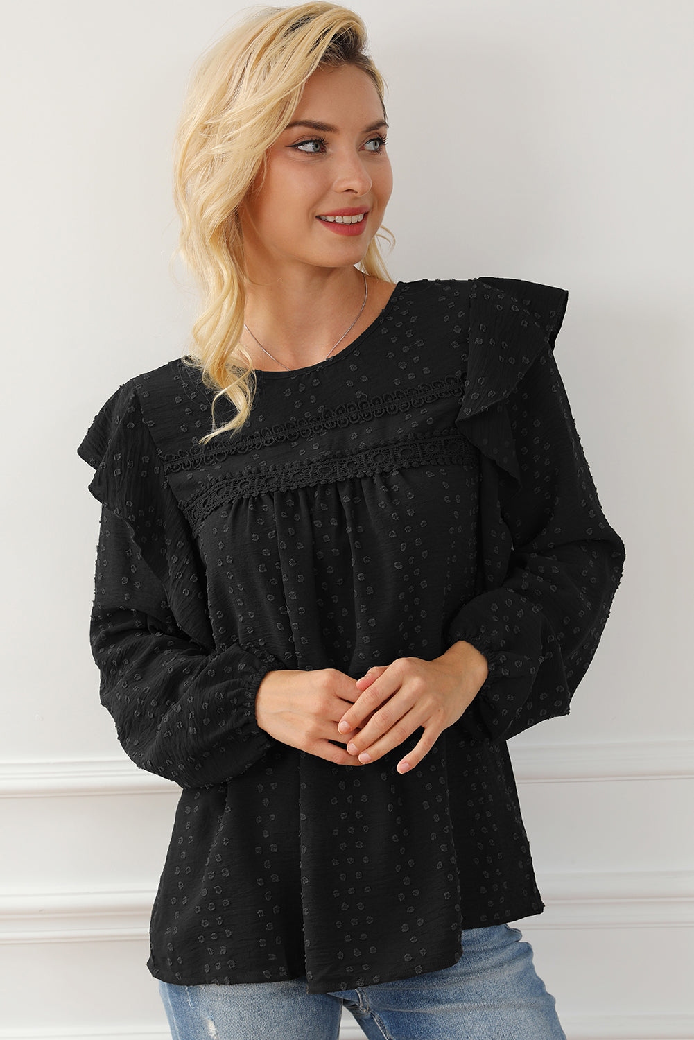 Black Swiss Dot Ruffle Shoulder Long Sleeve Blouse
