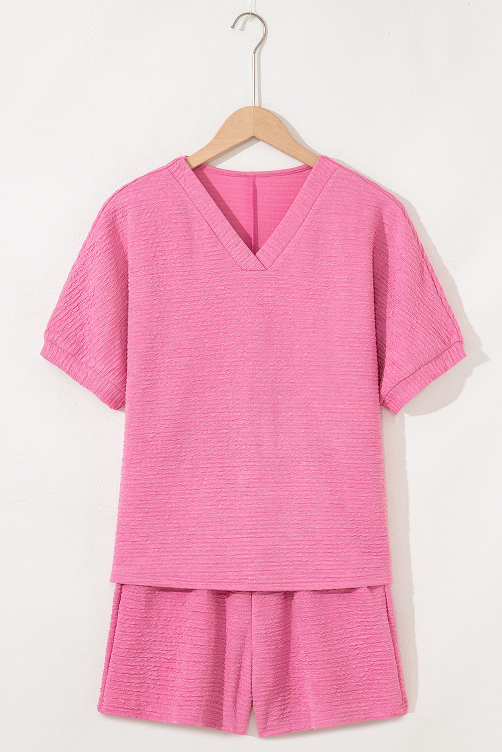 Pink Textured V Neck T Shirt and Shorts Set