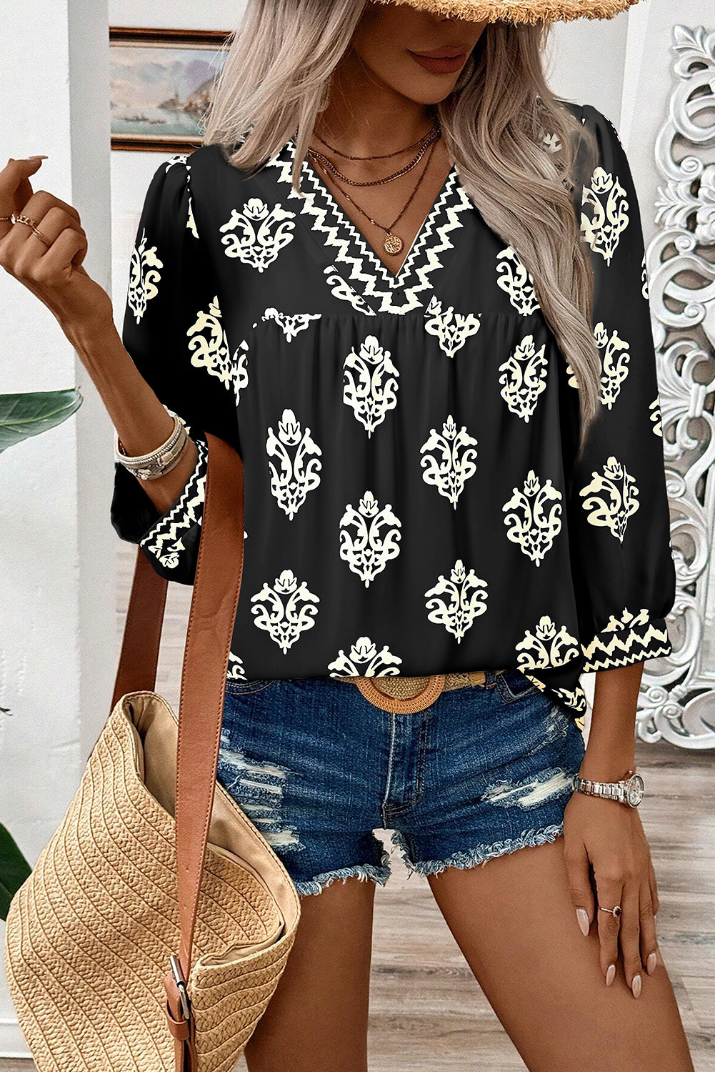 Green Damask Floral Print Contrast V Neck 3/4 Sleeve Blouse - Kustom Kreations Goods