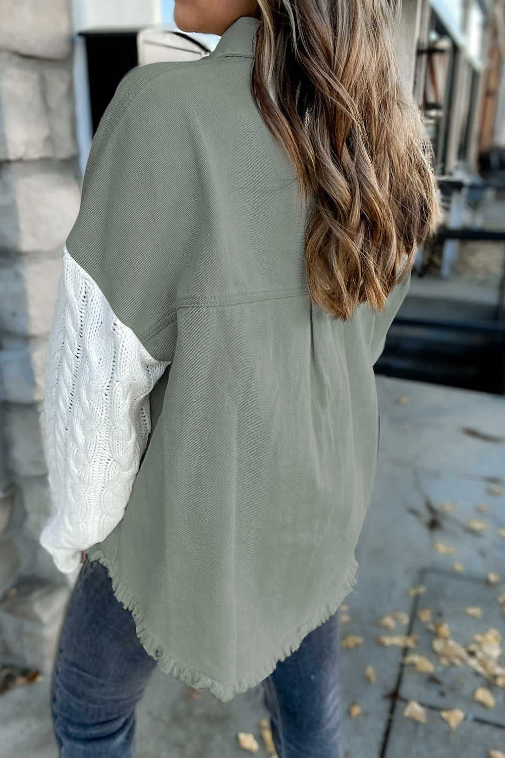 Beige Cable Knit Patchwork Sleeve Raw Hem Shacket