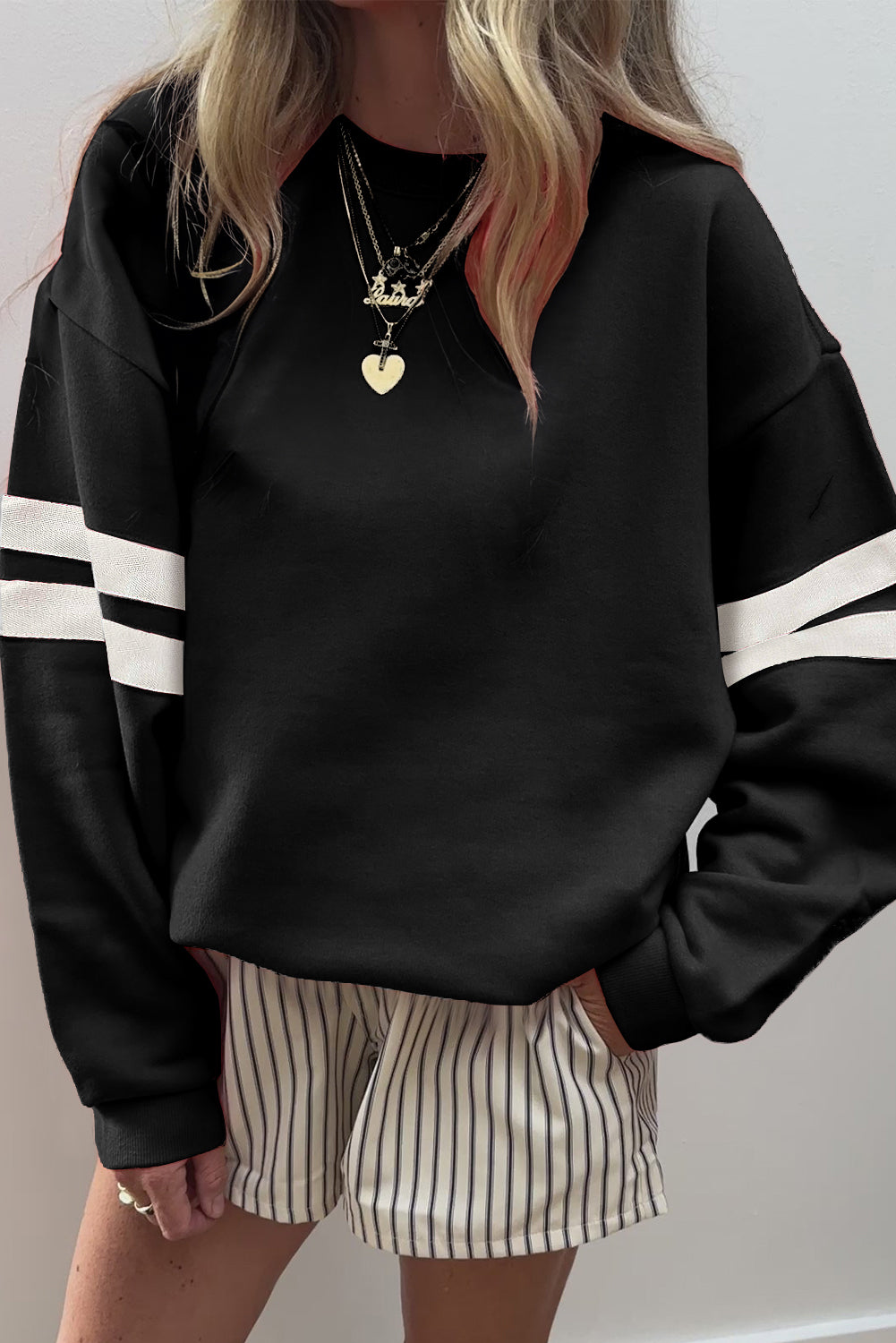 Fiery Red Preppy Striped Sleeve Loose Sweatshirt - Kustom Kreations Goods