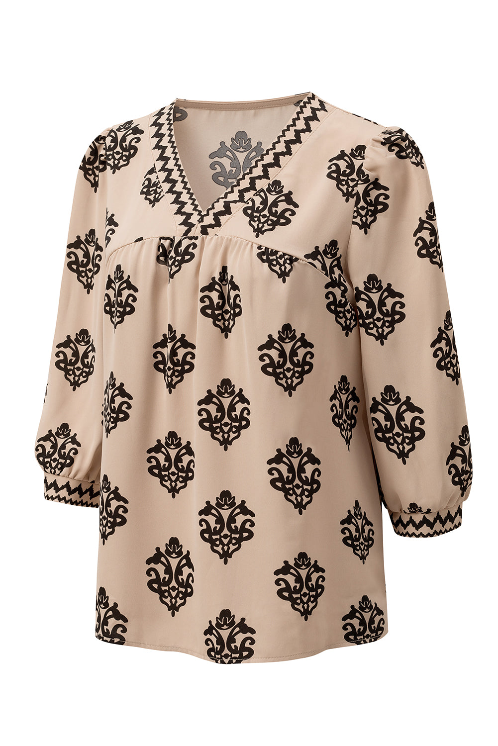 Green Damask Floral Print Contrast V Neck 3/4 Sleeve Blouse - Kustom Kreations Goods