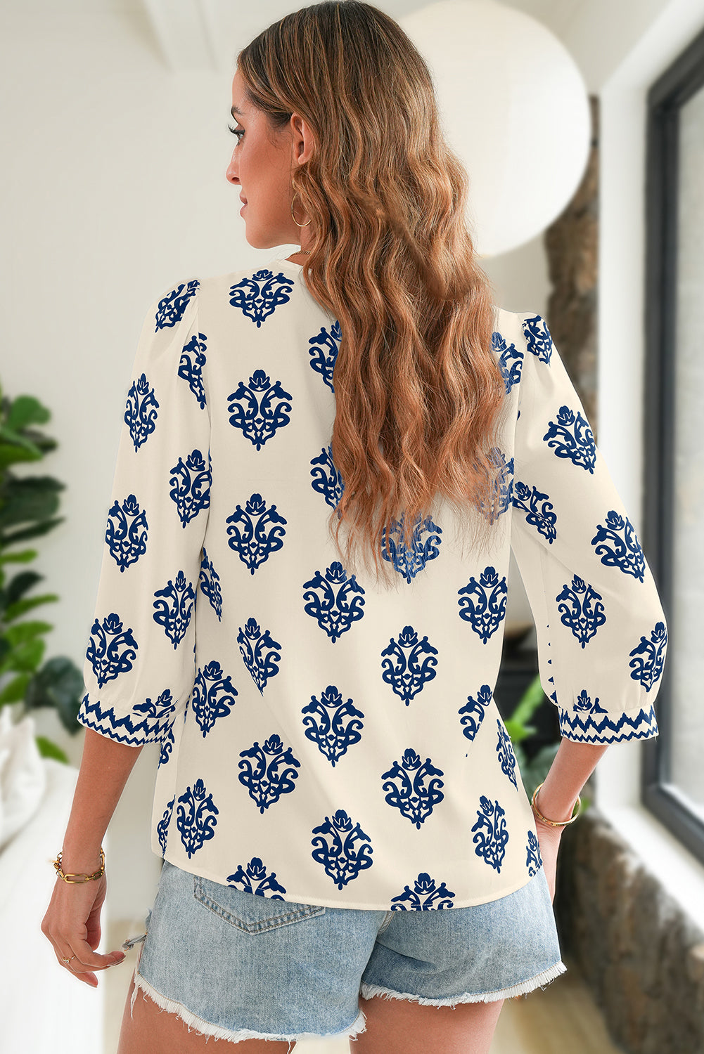 Green Damask Floral Print Contrast V Neck 3/4 Sleeve Blouse - Kustom Kreations Goods