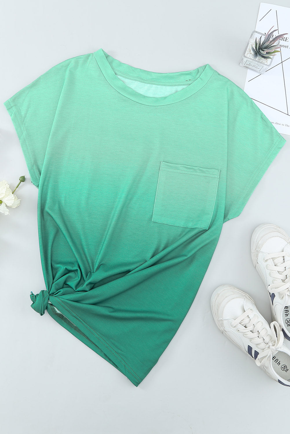 Ombre Green Short Sleeve Crew Neck T Shirt with Pocket