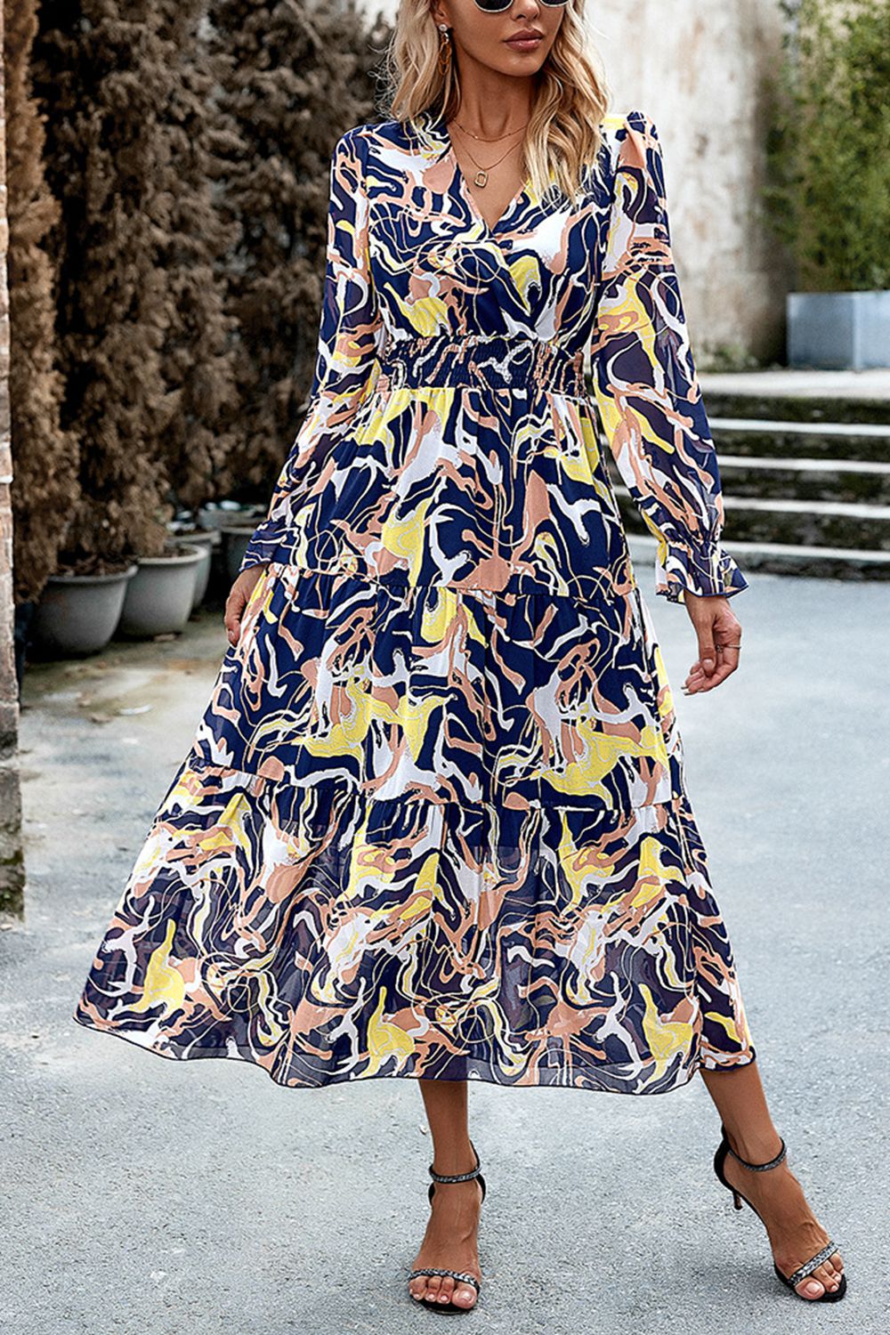 Printed Surplice Neck Flounce Sleeve Midi Dress