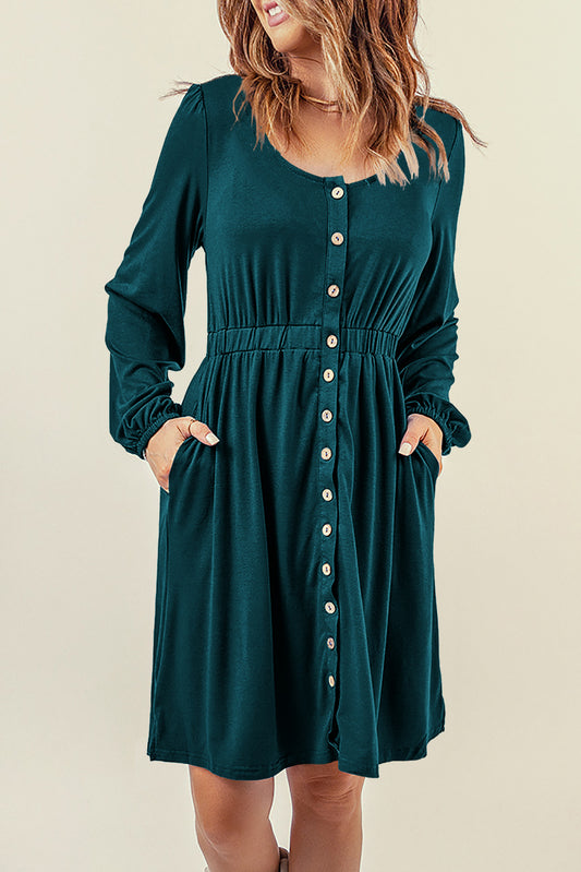 Green Button Up Casual High Waist Long Sleeve Dress