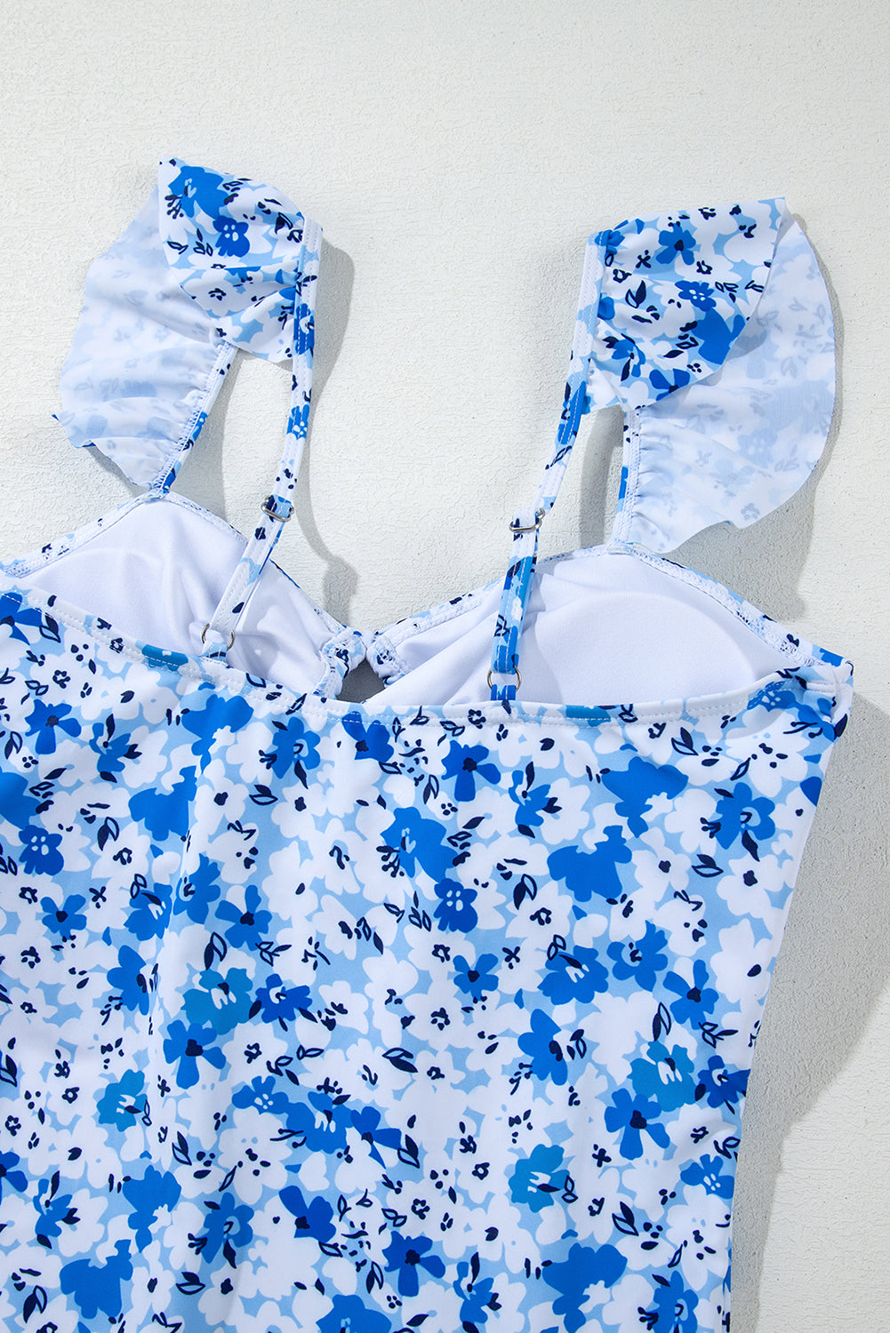 Blue Floral Ruffled Strap Lace Up Hollow Out One Piece Swimsuit - Kustom Kreations Goods