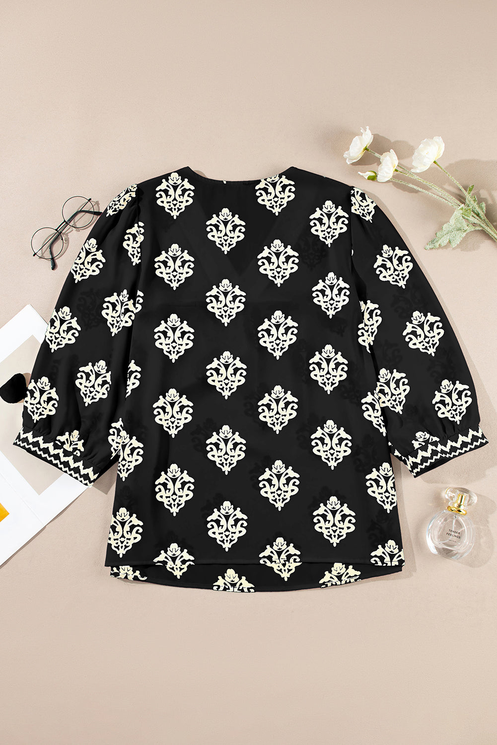 Green Damask Floral Print Contrast V Neck 3/4 Sleeve Blouse - Kustom Kreations Goods