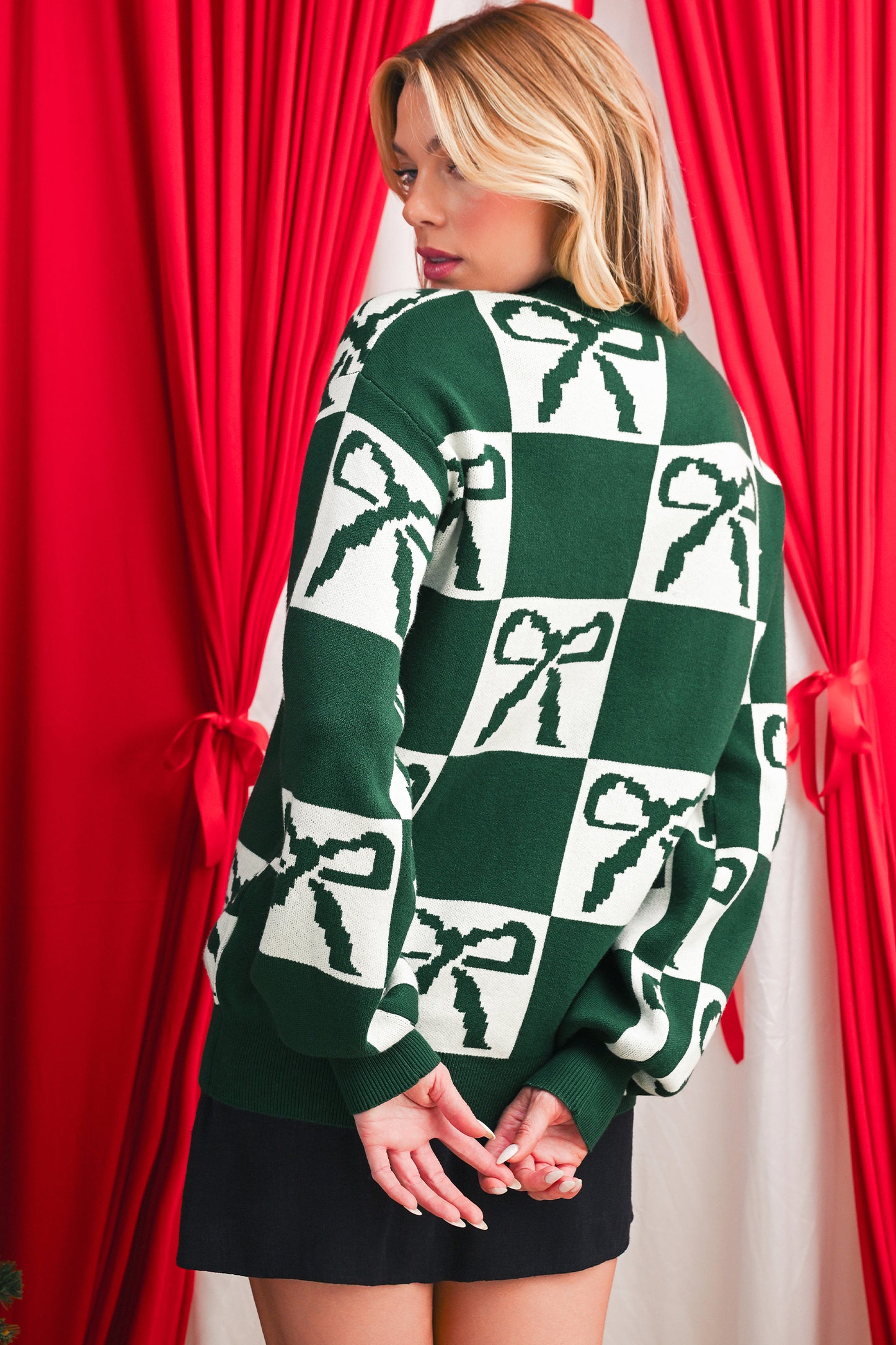 Blackish Green Bow Print Checkered Knit Sweater