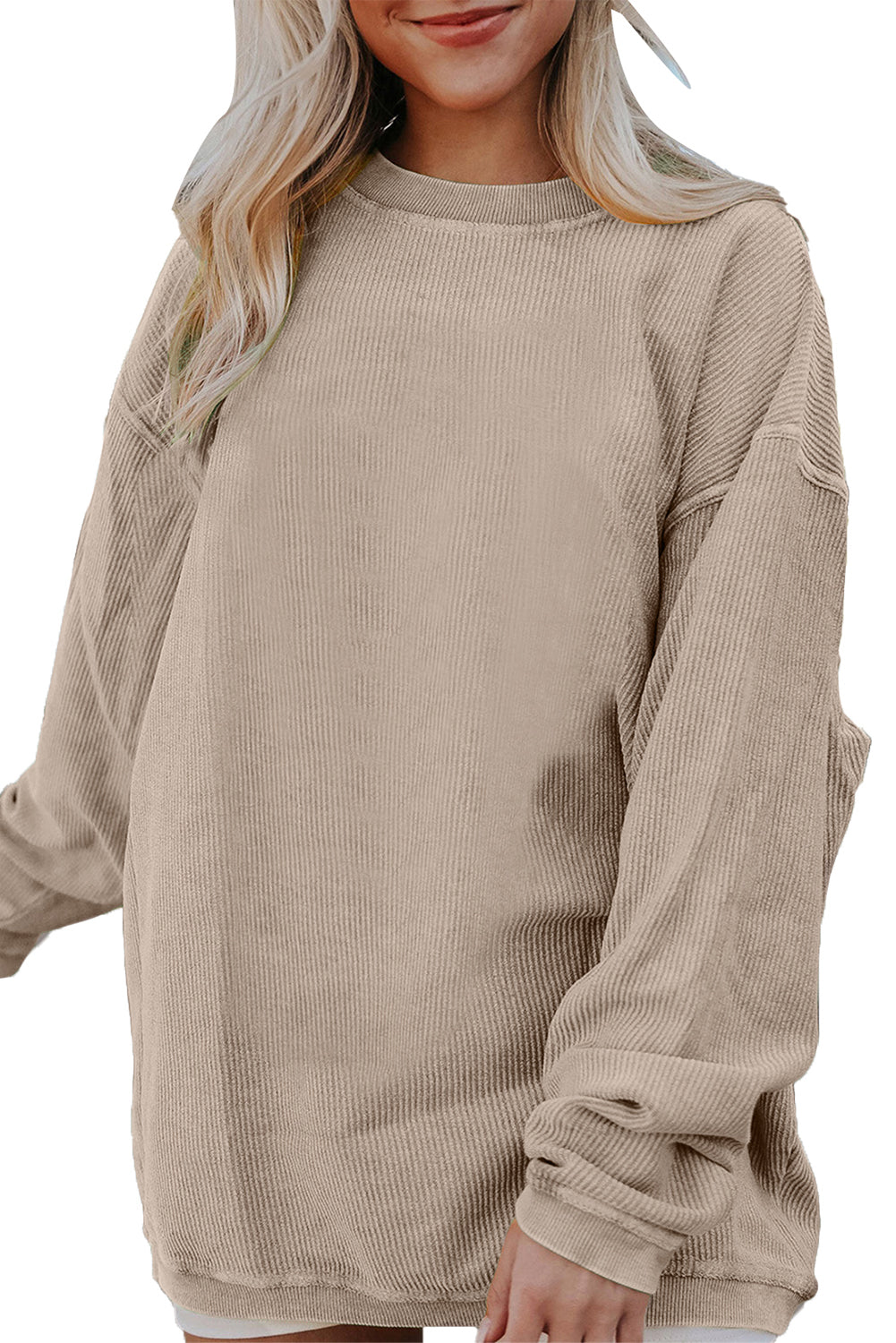 Orange Plain Drop Sleeve Rib-Knit Oversized Sweatshirt