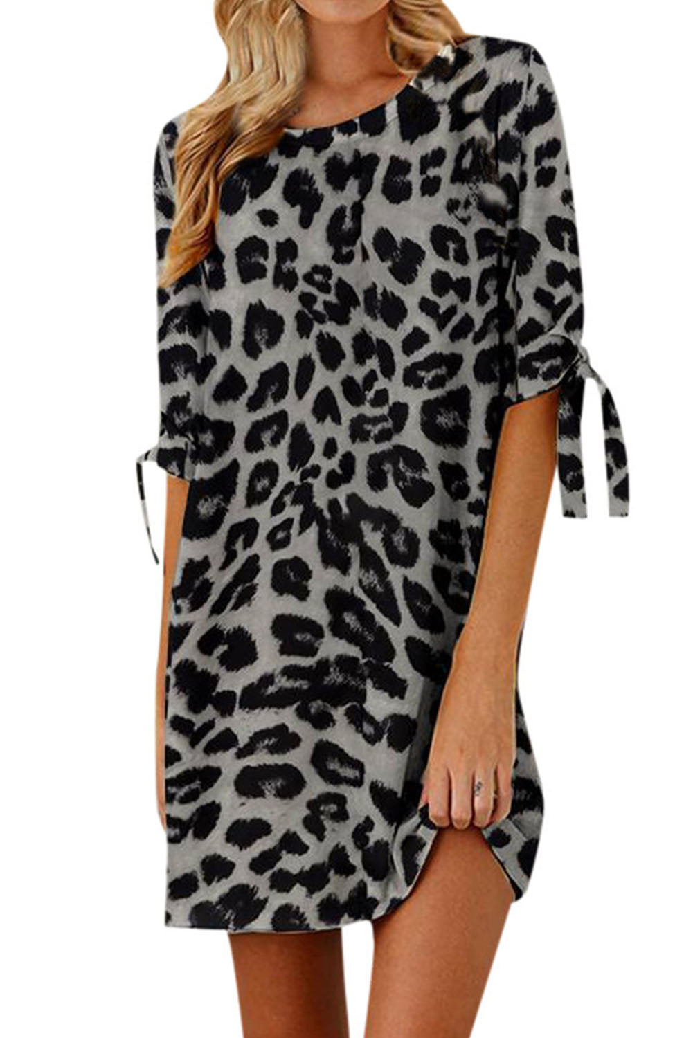 Black Casual Knot Half Sleeve Leopard Print Dress