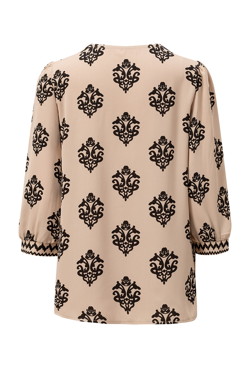 Green Damask Floral Print Contrast V Neck 3/4 Sleeve Blouse - Kustom Kreations Goods