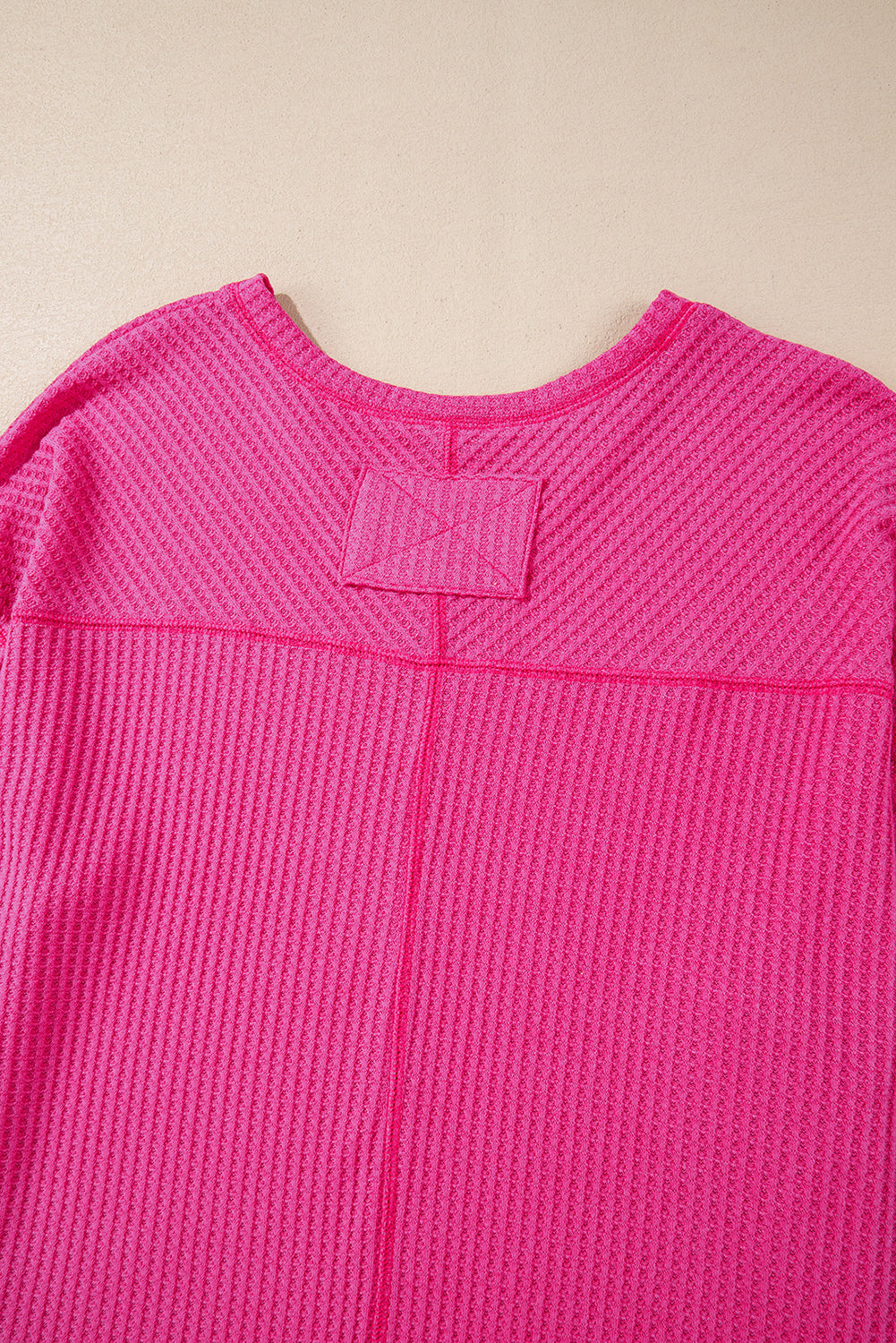 Bright Pink Waffle V Neck Drop Shoulder Long Sleeve Loose Top