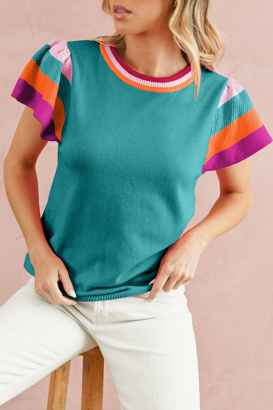 Turquoise Contrast Sleeve Striped Round Neck Knitted Tee