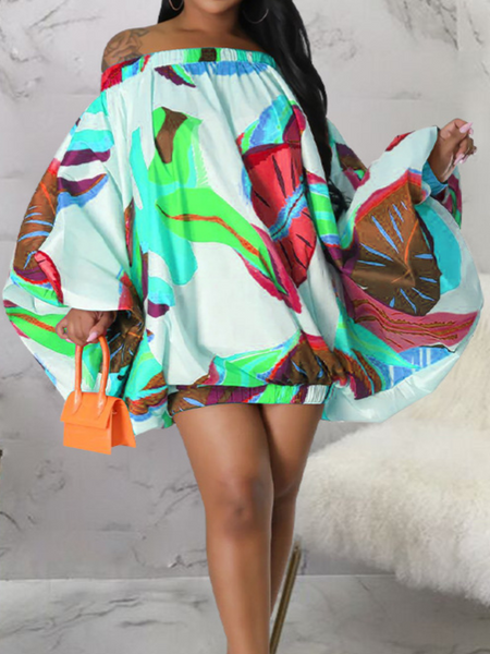 Off-Shoulder Print Batwing Dress HWFUCLBDKB