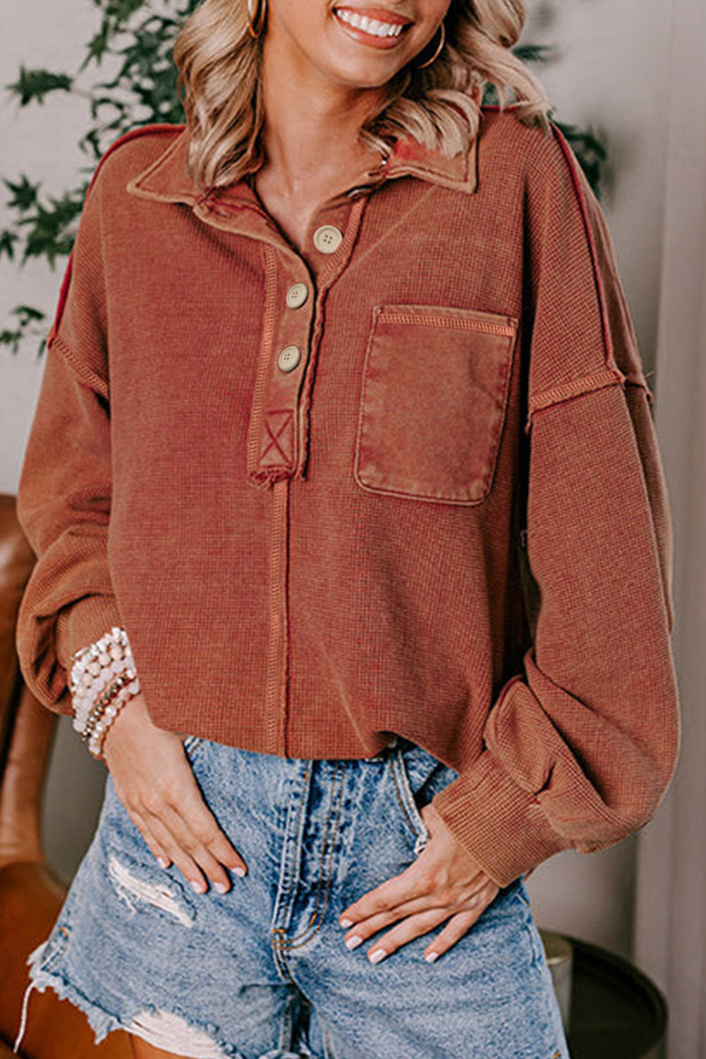 Laurel Green Waffle Exposed Seam Washed Henley Sweatshirt